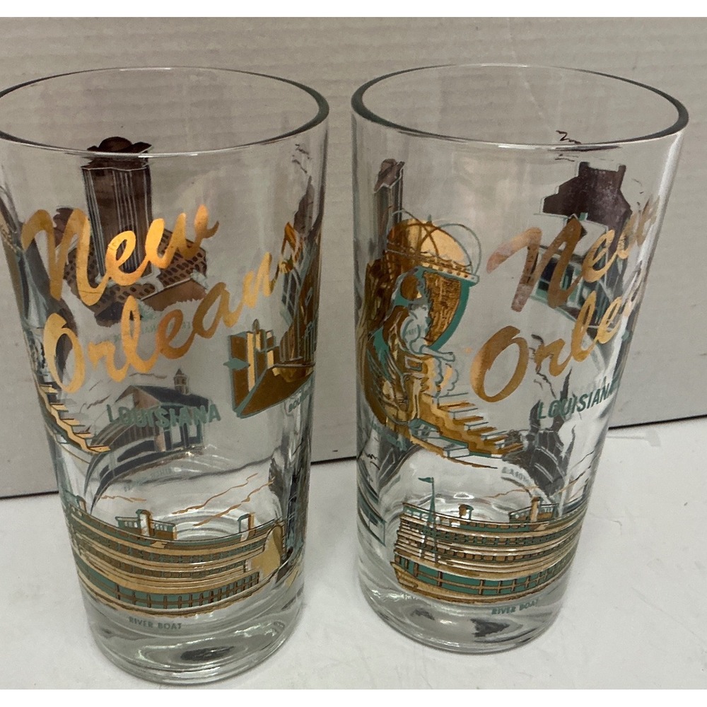 Vintage New Orleans Souvenir Glasses Gold Teal River Boat Set of 2